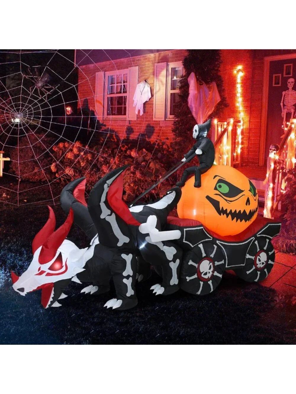 9FT Halloween Inflatable Carriage with Grim Reaper & Skeleton Dragon - LED